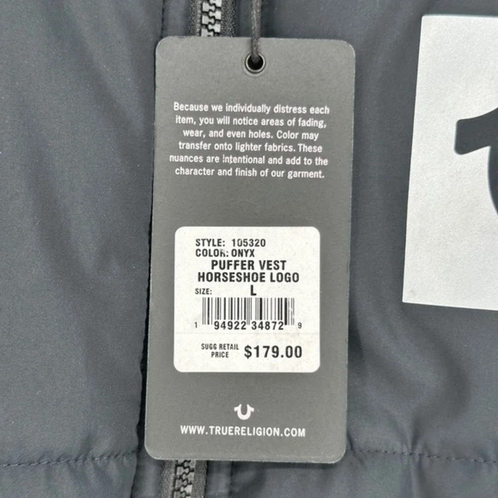 True Religion Mens Puffer Vest Onyx Black Horseshoe Logo 105320 Size‎ L NWT $179